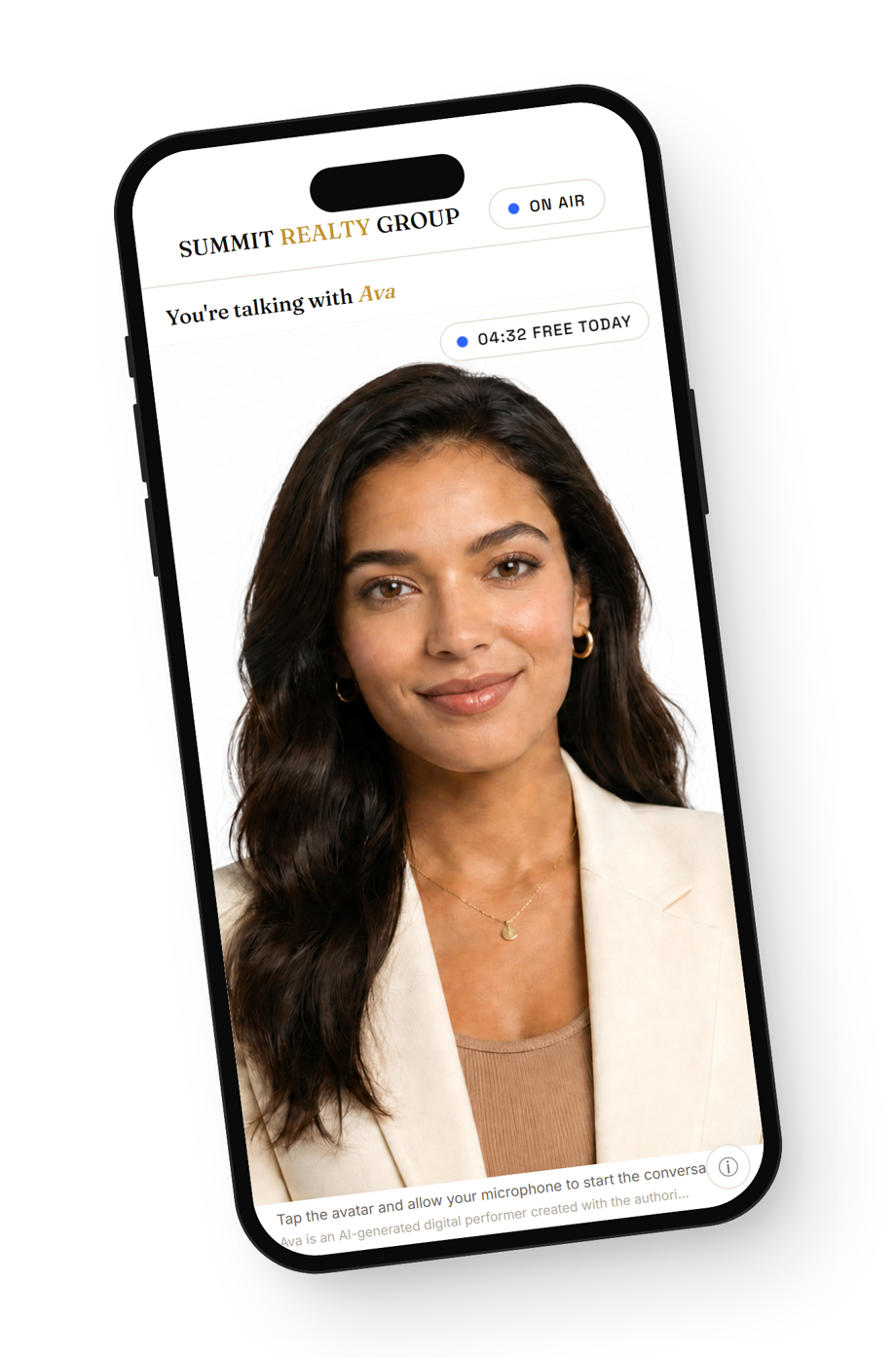 A branded LiveBrand client app on an iPhone — the client's avatar filling the screen
